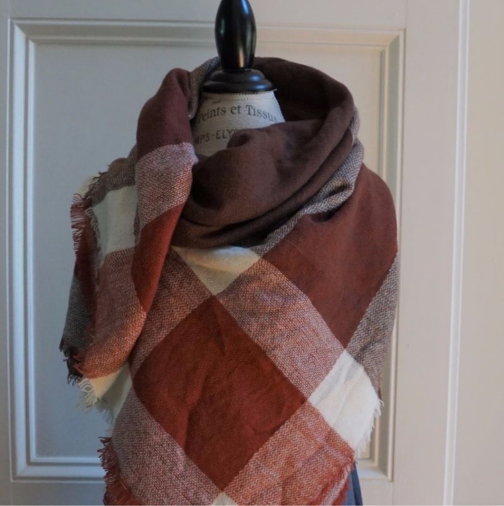 Blanket scarf buffalo plaid burgundy brown ivory - Picture 4 of 5
