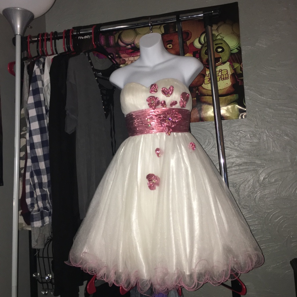 Strapless pink and white dress w rainbow beading