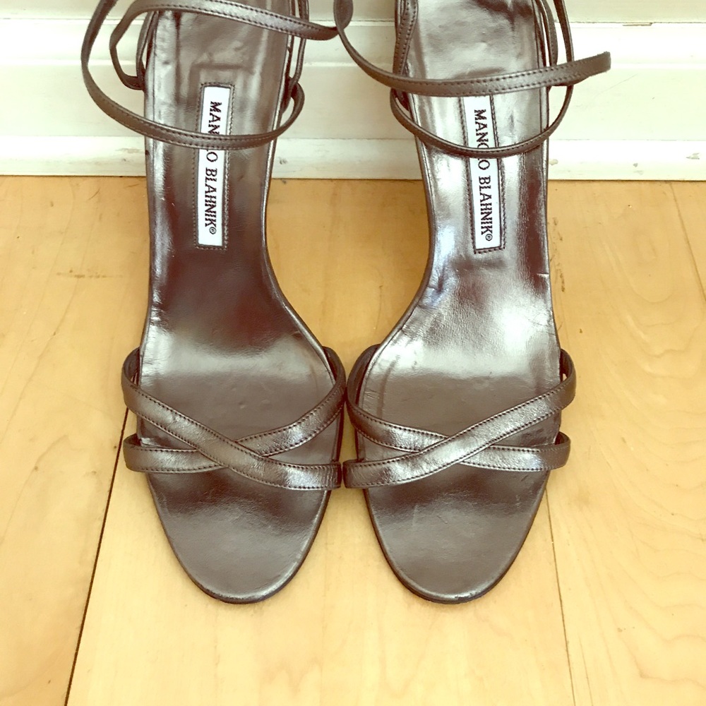 Manolo Blahnik chrome leather kitten heel sandals.
