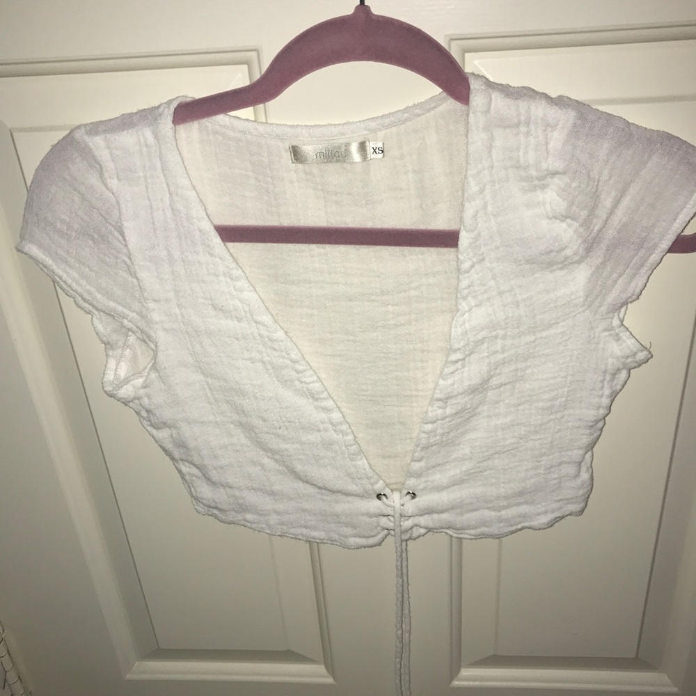 LF white lace up crop top