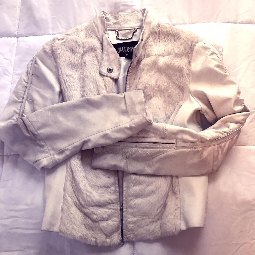 GUESS True White Leather and Rabbit Fur Jacket