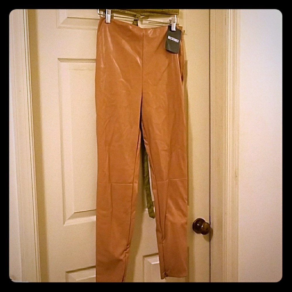 Missguided Tan Faux Leather Pants - Size 6