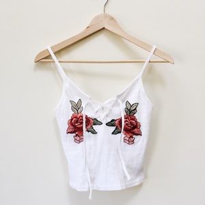 Rose Embroidered Patch Lace Up Cami Top