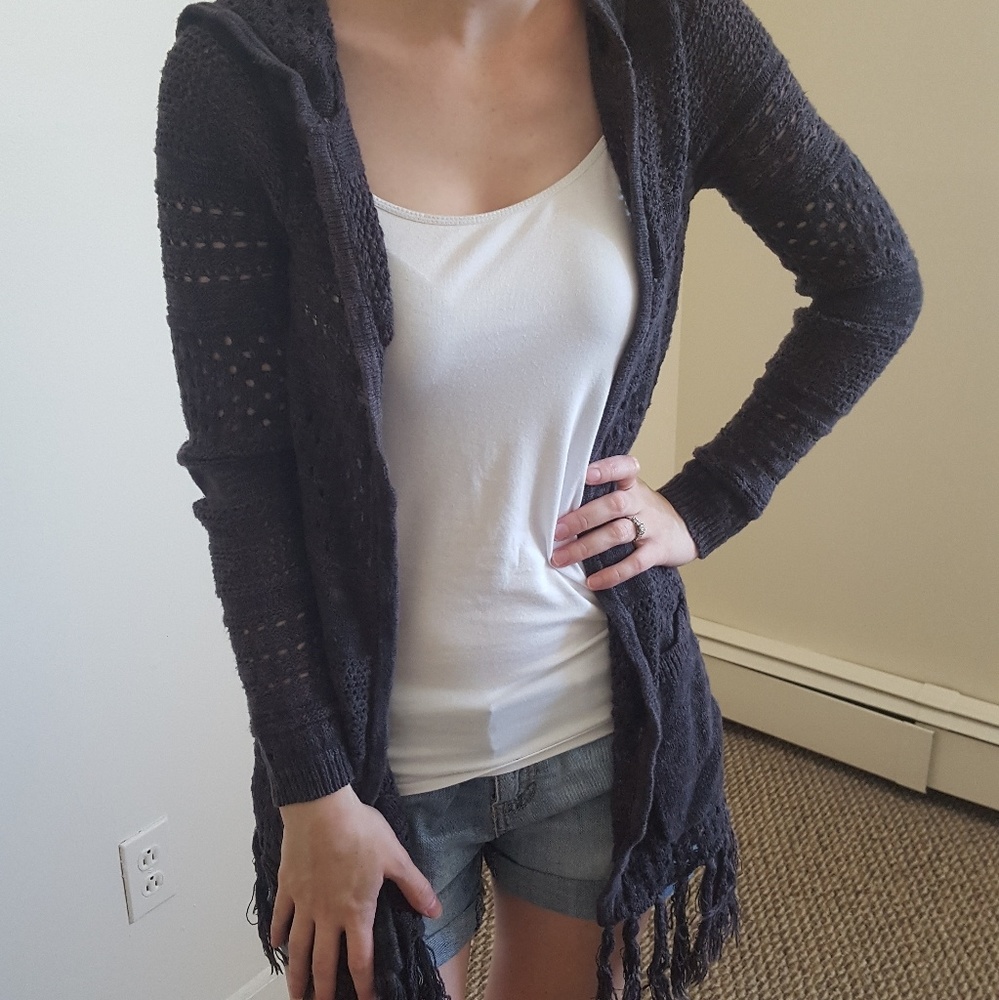 Mudd brand hooded dark gray sweater with fringe