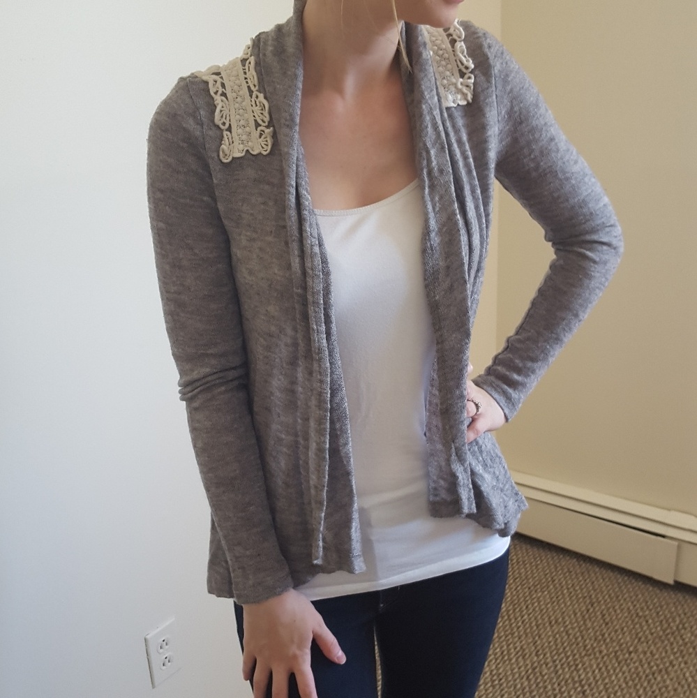 Gray Papaya cardigan with off-white lace detail