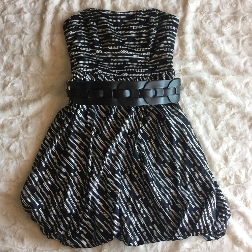 Bebe Silk Printed Strapless Bubble Hem Dress