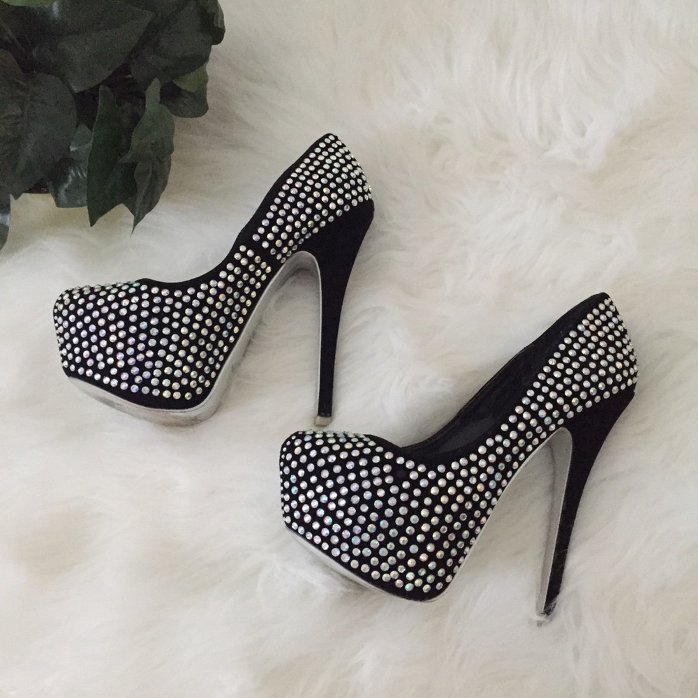 Black Suede Rhinestone Platform Stiletto Heels