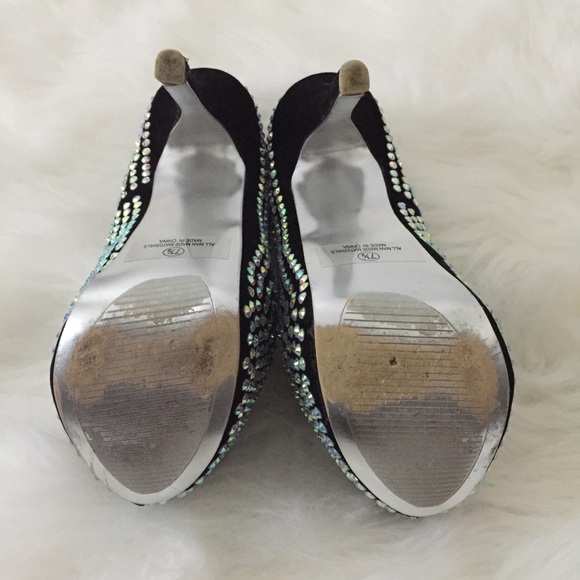 Black Suede Rhinestone Platform Stiletto Heels - Picture 6 of 8