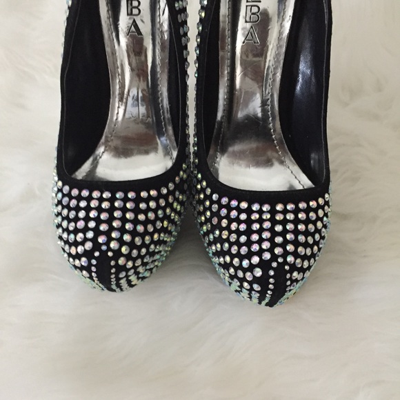 Black Suede Rhinestone Platform Stiletto Heels - Picture 7 of 8