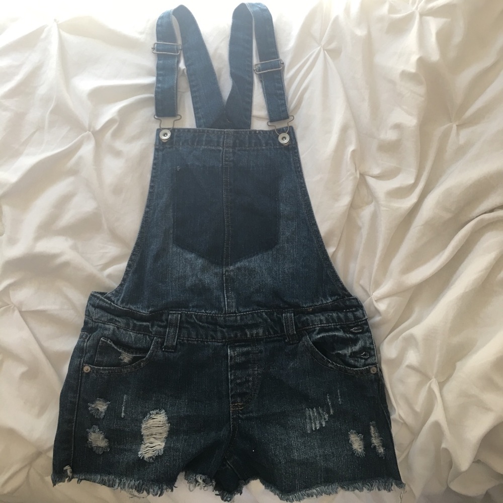 Distressed denim shorts overalls