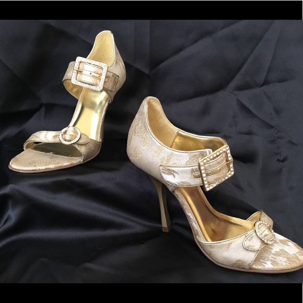 BAKERS Gold w/rhinestone buckle open toe heel