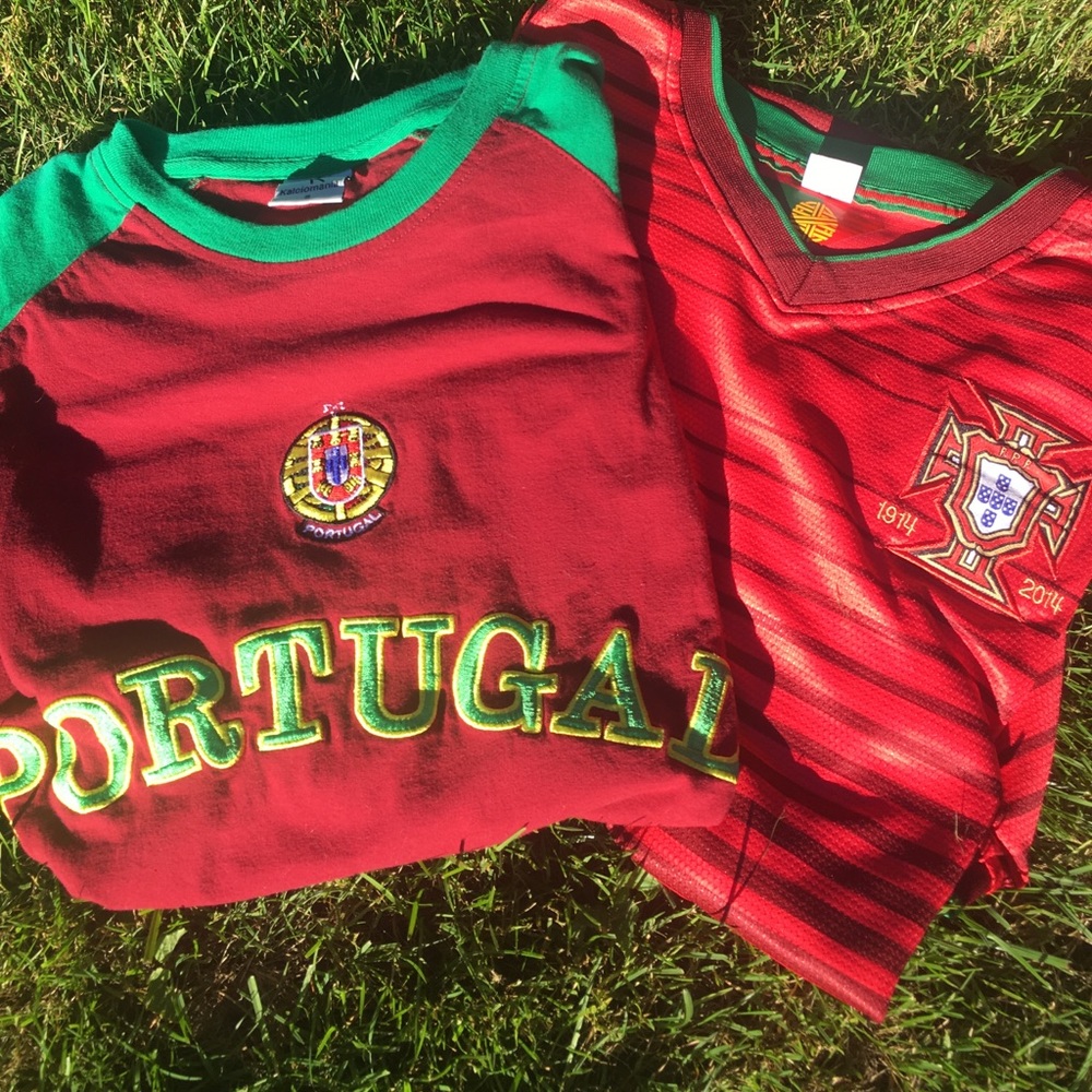 Two Portugal boys/men' soccer shirts.