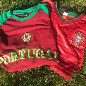 Two Portugal boys/men' soccer shirts.