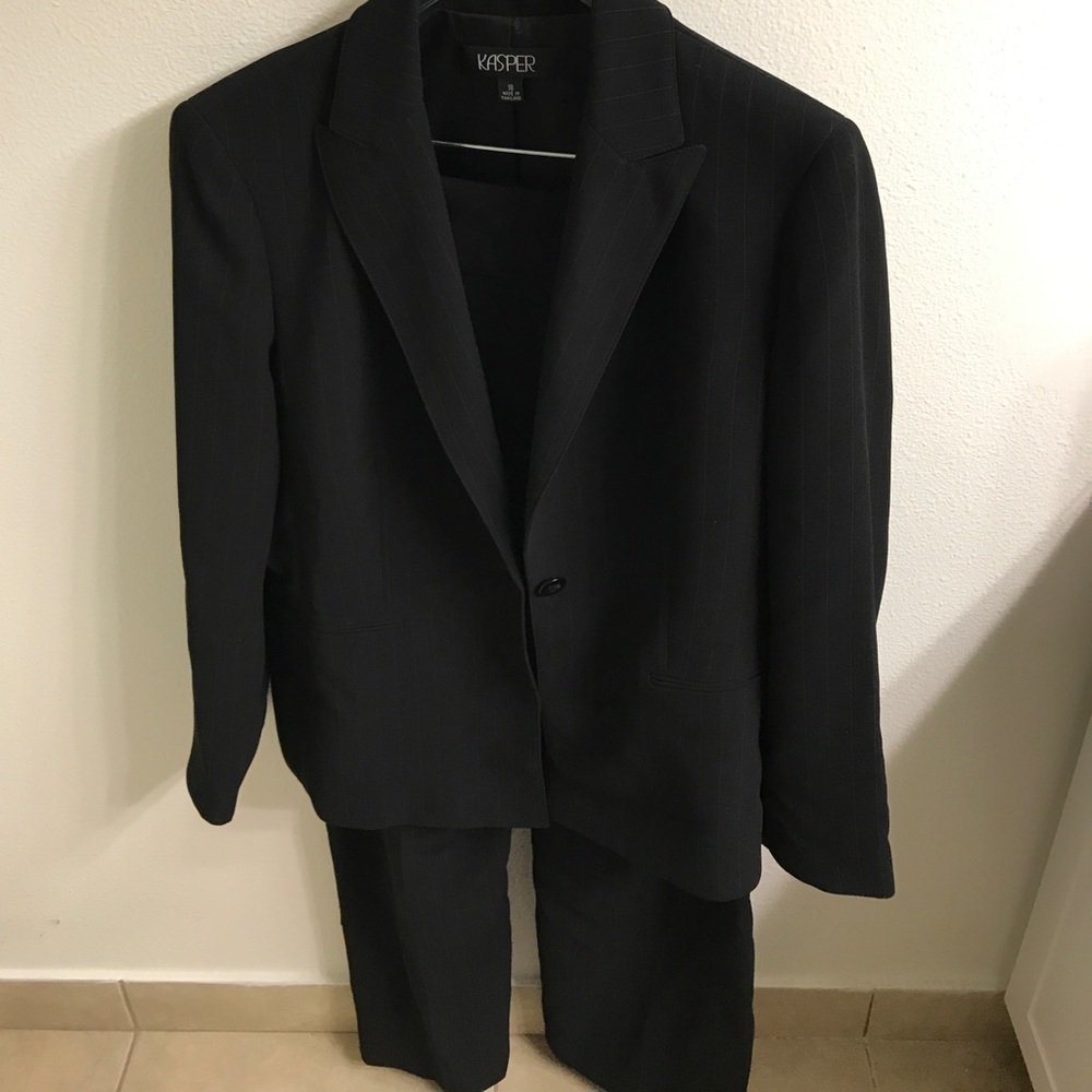 Black with light blue pin stripe pant suit