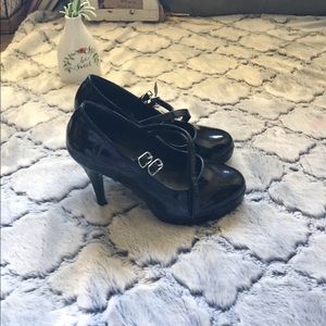 Black pleather buckle heels