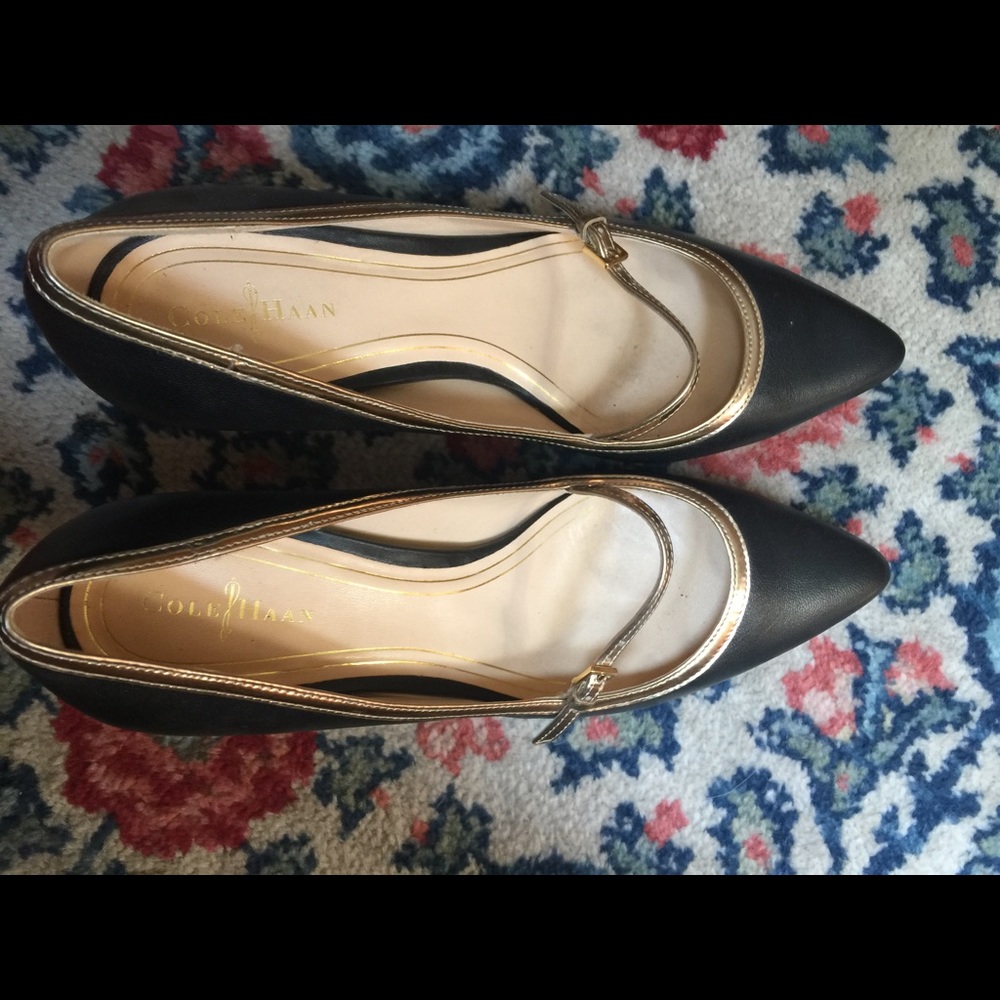 Blue and gold 3 inch heel with gold strap