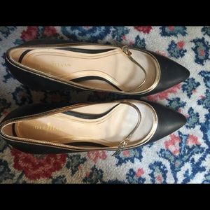 Blue and gold 3 inch heel with gold strap