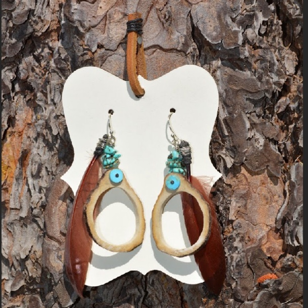Deer Antler Turquoise Feather Earrings