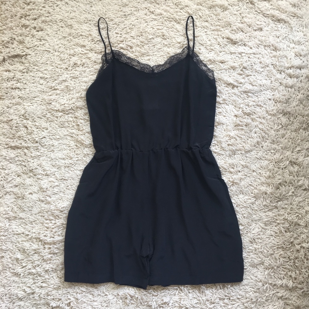 Anine Bing 100% Silk Black Romper with Lace Trim