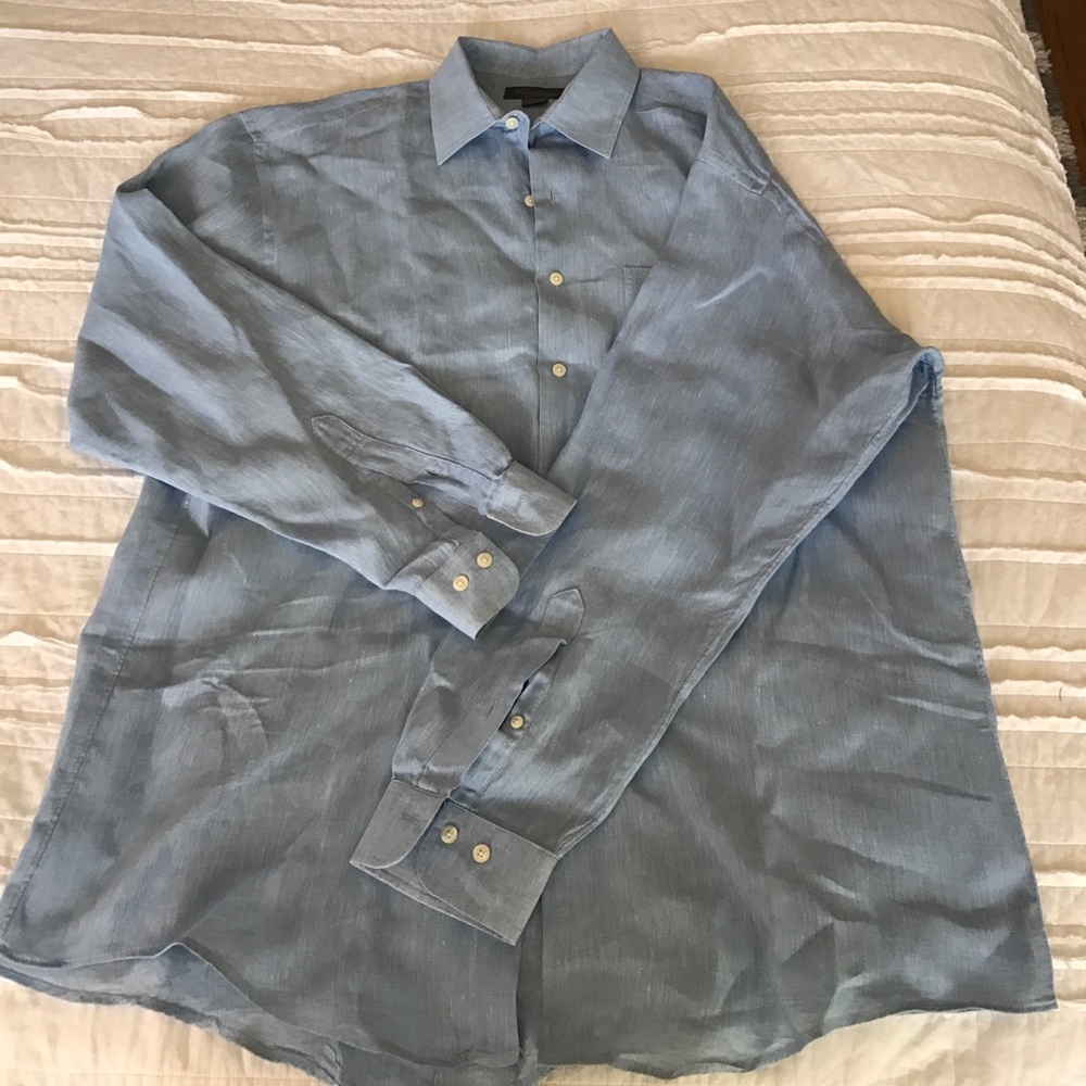 Blue Herringbone Linen Brooks Brothers Dress Shirt
