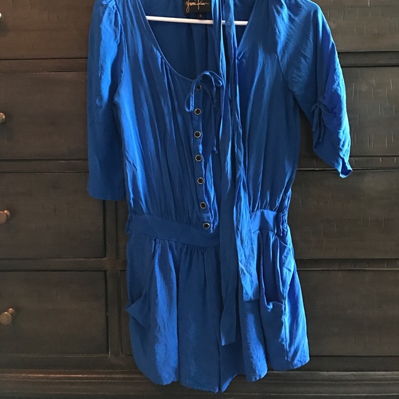 Yumi Kim royal blue black &gold button silk romper - Picture 1 of 4