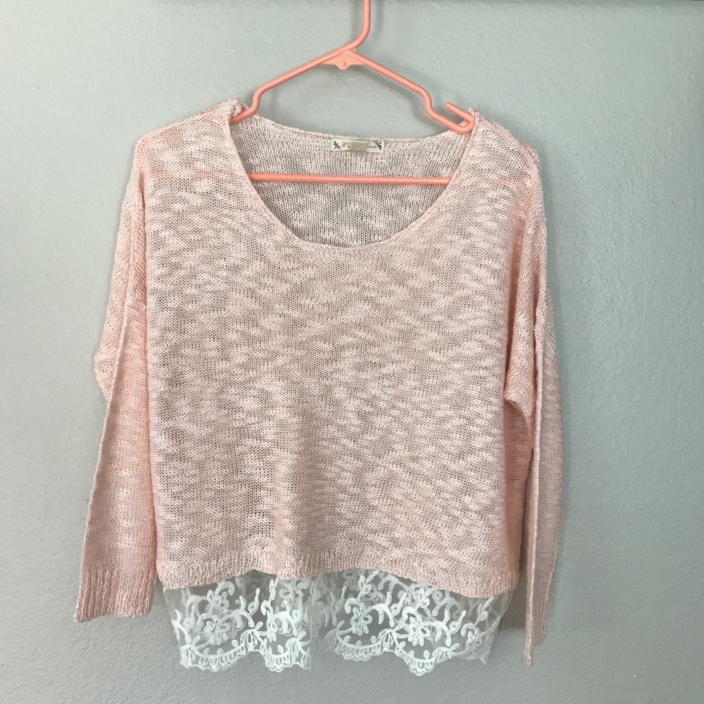 LF DUPE soft pink lace trimmed sweater NWOT