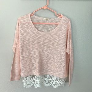 LF DUPE soft pink lace trimmed sweater NWOT