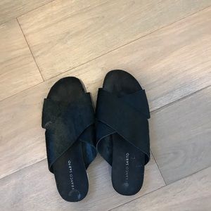 Franco sarto black faux fur cross cross slides