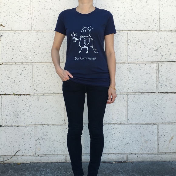 "Got Cat-feine" women's slim fit Tee (Navy) - Picture 2 of 4
