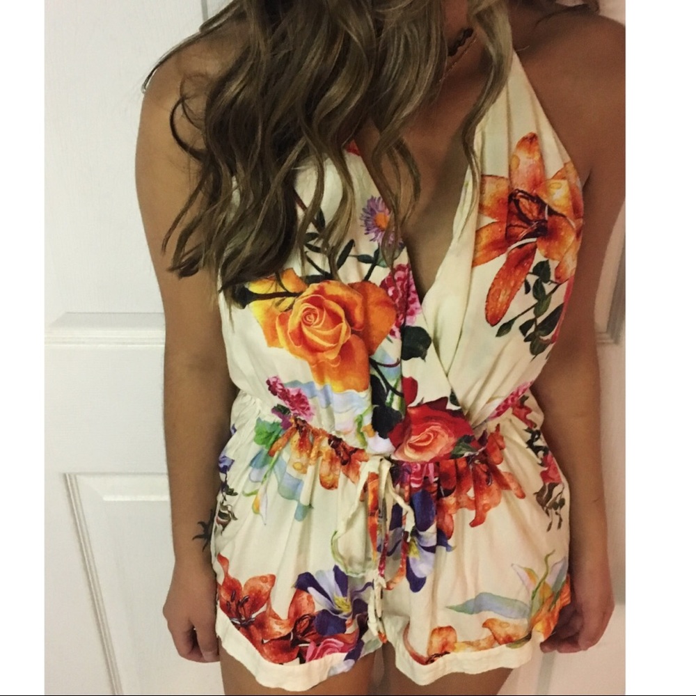Luxxel Floral V Neck Halter Tie Romper