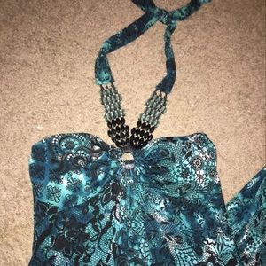 Blue and black halter maxi dress