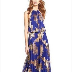 Xscape pleated blouson blue & gold metallic dress