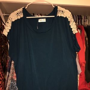 Teal top with crochet detail shoulders