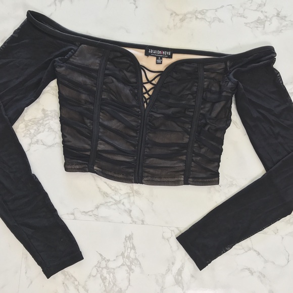 Mesh Lace Up Long Sleeve Off the Shoulder Crop Top - Picture 3 of 3
