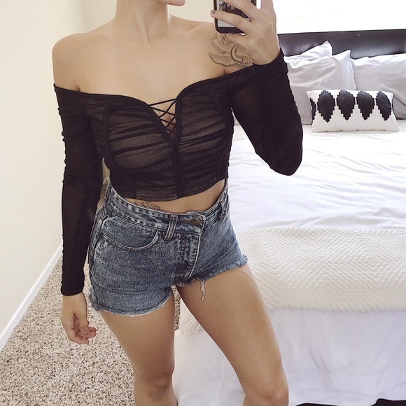 Mesh Lace Up Long Sleeve Off the Shoulder Crop Top - Picture 2 of 3