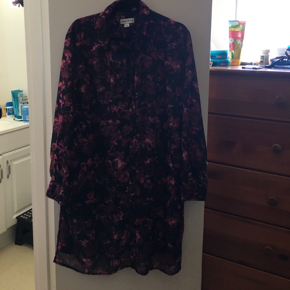 Long, burgundy, sheer floral shirt.