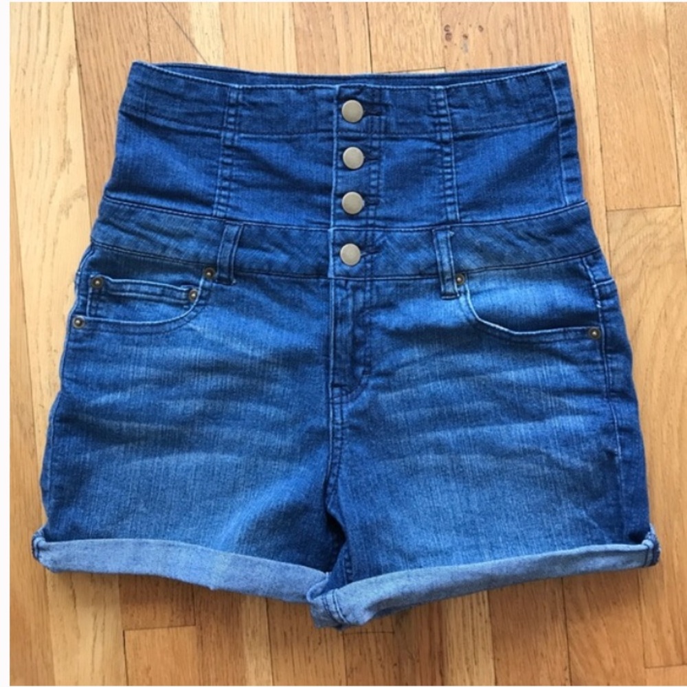 High waisted button up denim shorts