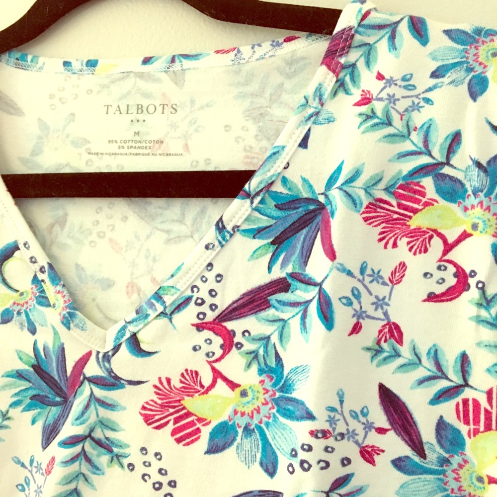 Talbots Medium V-Neck Tee with Blue Flowers
