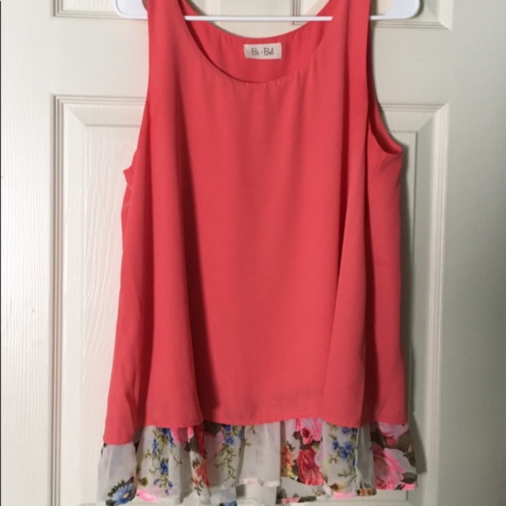 Coral tank top with floral trim