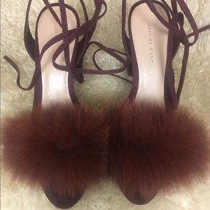 Bordeaux Dyed Real Fox Fur Tie-Up Sandal