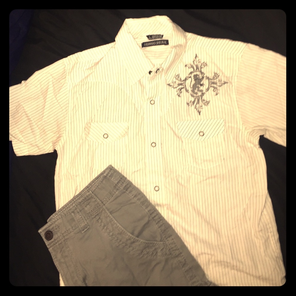 Boys outfit Gray cargo shorts and pearl snap top14