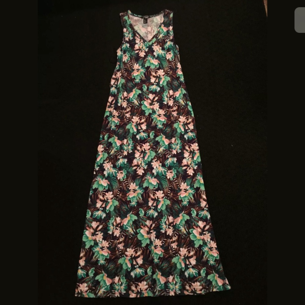 H&M Floral Pink Green Black Watercolor V-Neck Maxi