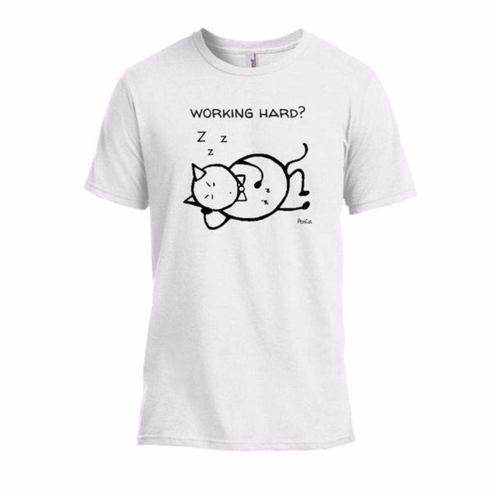 "Working Hard?"  Unisex casual cat t-shirt (White)