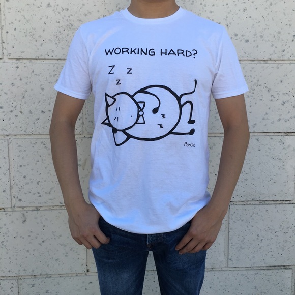 "Working Hard?"  Unisex casual cat t-shirt (White) - Picture 2 of 4