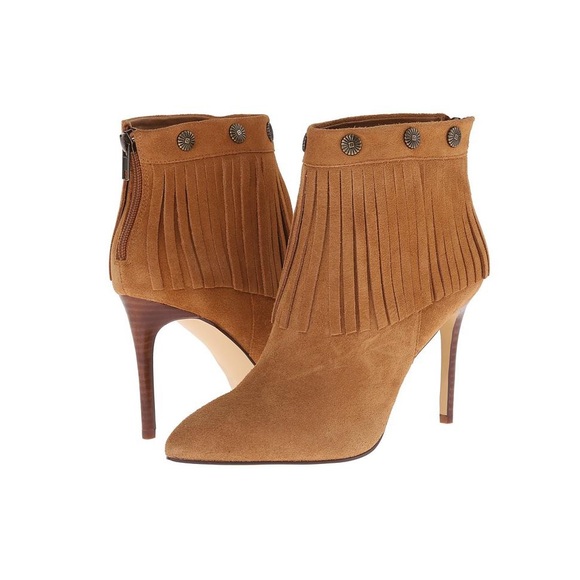 Tan Suede Leather High Heel Fringe Booties - Picture 6 of 8
