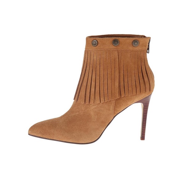 Tan Suede Leather High Heel Fringe Booties - Picture 8 of 8