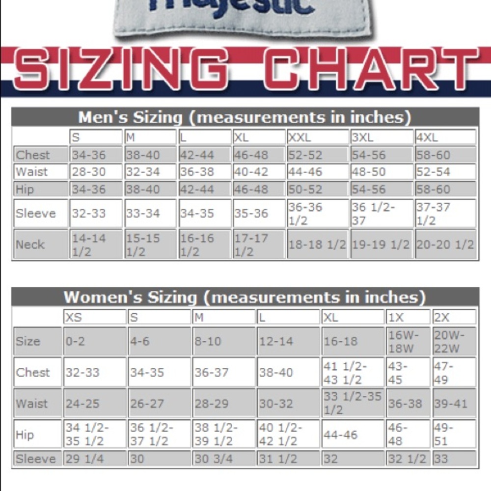 Majestic Athletic Jersey Size Chart