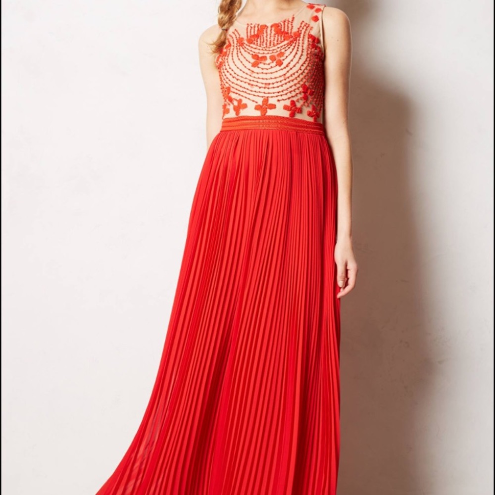 Anthropologie Red Embroidered Maxi