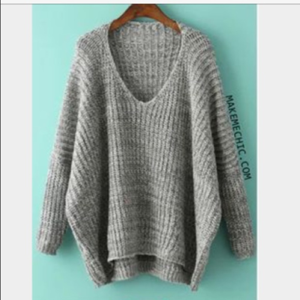V neck dolman grey sweater oversized one size
