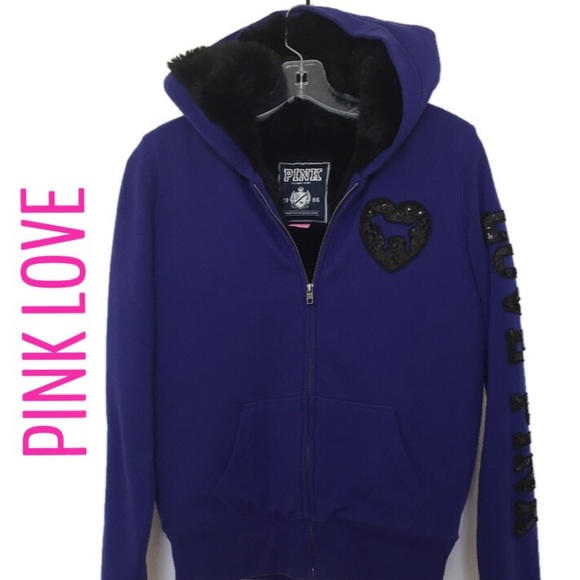 VS LOVE PINK Purple Foux Fur Zipped Hoodie - Picture 1 of 8